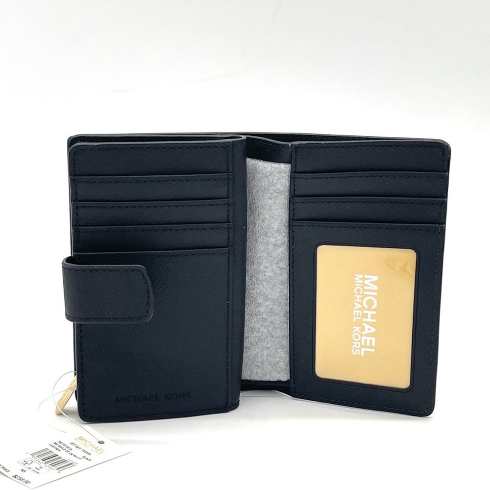 NWT Michael Kors Medium Crossgrain Leather Wallet Black-with gold logo - Picture 6 of 9